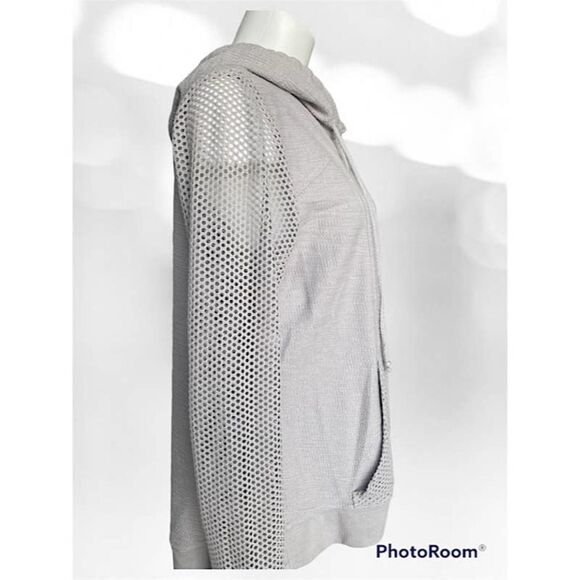 Michael Stars Women's‎ Gray Zip Up Hooded Sweater Mesh Eyelets Sleeve Pockets M - Picture 2 of 6